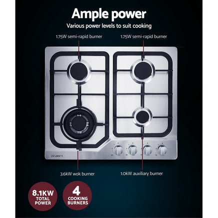 Devanti Gas Cooktop 60cm 4 Burner Silvir - ElectronX Plus