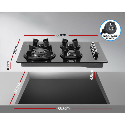 Devanti Gas Cooktop 60cm Stove Hob Black - ElectronX Plus