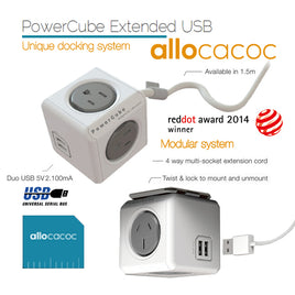 Allocacoc PowerCube Extended USB Powerboard 4-Outlets 2 USB Ports Grey-White 1.5m - ElectronX Plus