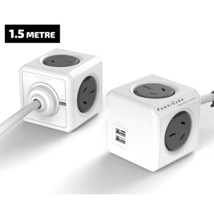 Allocacoc PowerCube Extended USB Powerboard 4-Outlets 2 USB Ports Grey-White 1.5m - ElectronX Plus