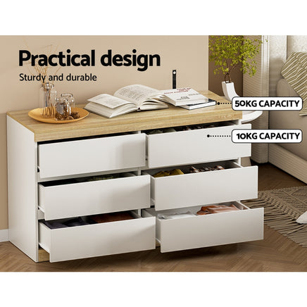 Artiss 6 Chest of Drawers Cabinet Dresser Table Tallboy Storage Bedroom White - ElectronX Plus