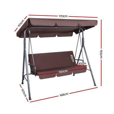 Gardeon Outdoor Swing Chair Garden Bench Furniture Canopy 3 Seater Brown - ElectronX Plus