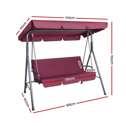 Gardeon Outdoor Swing Chair Garden Bench Furniture Canopy 3 Seater Wine Red - ElectronX Plus