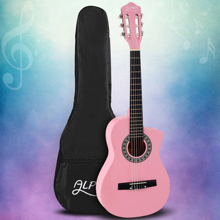 Alpha 34 Inch Classical Guitar Wooden Body Nylon String Beginner Kids Gift Pink - ElectronX Plus