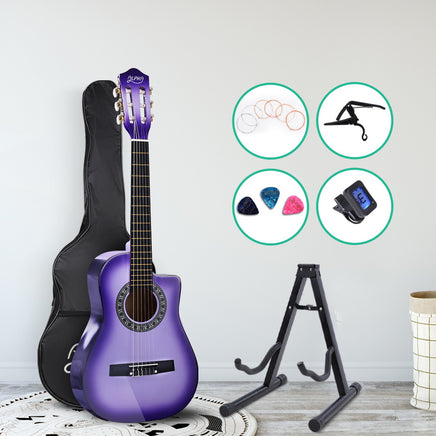 Alpha 34 Inch Classical Guitar Wooden Body Nylon String w/ Stand Beignner Purple - ElectronX Plus