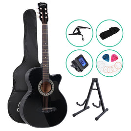 Alpha 38 Inch Acoustic Guitar Wooden Body Steel String Full Size w/ Stand Black - ElectronX Plus