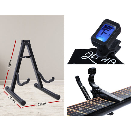 Alpha 38 Inch Acoustic Guitar Wooden Body Steel String Full Size w/ Stand Black - ElectronX Plus