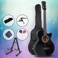 Alpha 38 Inch Acoustic Guitar Wooden Body Steel String Full Size w/ Stand Black - ElectronX Plus