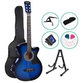 Alpha 38 Inch Acoustic Guitar Wooden Body Steel String Full Size w/ Stand Blue - ElectronX Plus