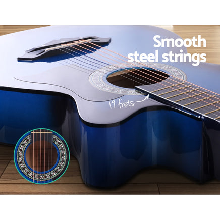 Alpha 38 Inch Acoustic Guitar Wooden Body Steel String Full Size w/ Stand Blue - ElectronX Plus