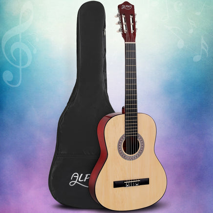 Alpha 39 Inch Classical Guitar Wooden Body Nylon String Beginner Gift Natural - ElectronX Plus