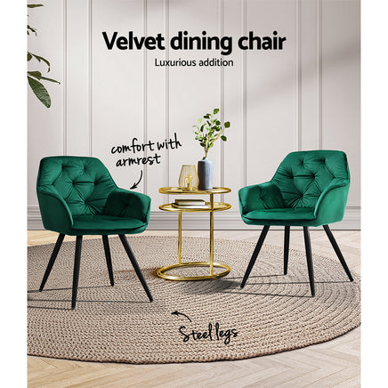 Artiss Dining Chairs Set of 2 Velvet Diamond Tufted Armchair Green - ElectronX Plus