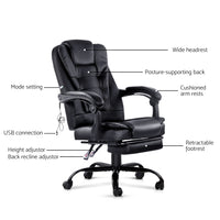 Artiss 2 Point Massage Office Chair PU Leather Footrest Black - ElectronX Plus