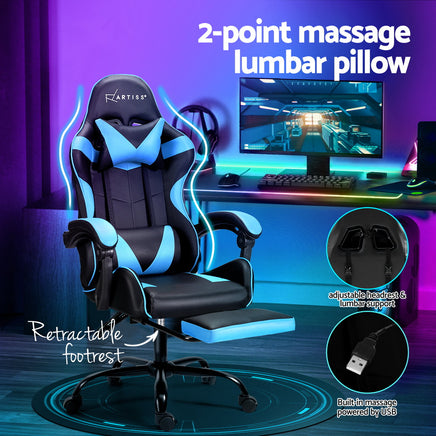 Artiss 2 Point Massage Gaming Office Chair Footrest Cyan Blue - ElectronX Plus