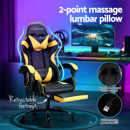 Artiss 2 Point Massage Gaming Office Chair Footrest Yellow - ElectronX Plus