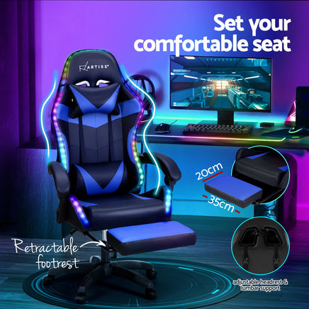 Artiss 6 Point Massage Gaming Office Chair 7 LED Footrest Blue - ElectronX Plus