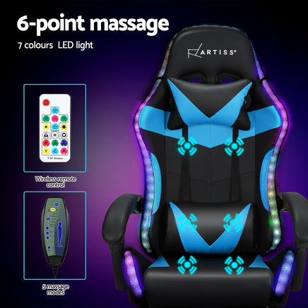 Artiss 6 Point Massage Gaming Office Chair 7 LED Footrest Cyan Blue - ElectronX Plus