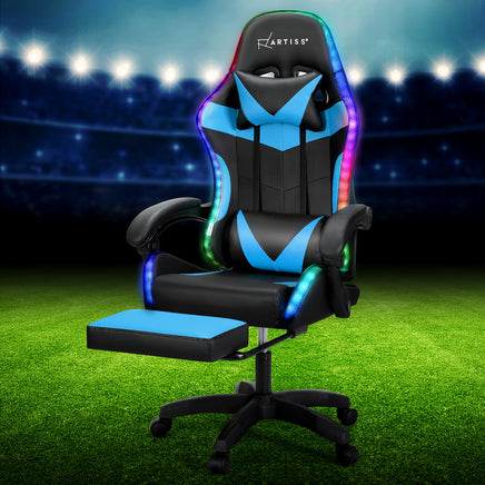 Artiss 6 Point Massage Gaming Office Chair 7 LED Footrest Cyan Blue - ElectronX Plus