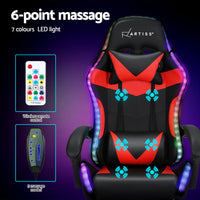 Artiss 6 Point Massage Gaming Office Chair 7 LED Footrest Red - ElectronX Plus