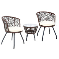 Gardeon 3PC Bistro Set Outdoor Furniture Rattan Table Chairs Patio Garden Cushion Brown - ElectronX Plus