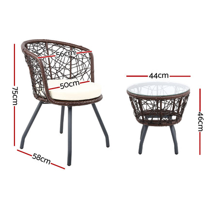 Gardeon 3PC Bistro Set Outdoor Furniture Rattan Table Chairs Patio Garden Cushion Brown - ElectronX Plus