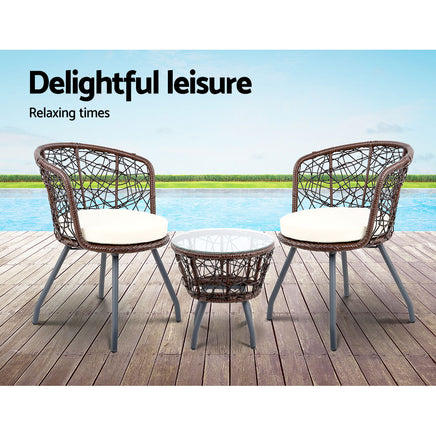 Gardeon 3PC Bistro Set Outdoor Furniture Rattan Table Chairs Patio Garden Cushion Brown - ElectronX Plus