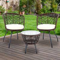 Gardeon 3PC Bistro Set Outdoor Furniture Rattan Table Chairs Patio Garden Cushion Brown - ElectronX Plus