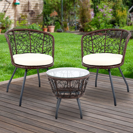 Gardeon 3PC Bistro Set Outdoor Furniture Rattan Table Chairs Patio Garden Cushion Brown - ElectronX Plus