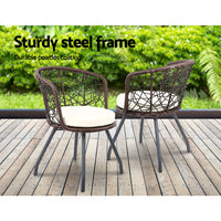 Gardeon 3PC Bistro Set Outdoor Furniture Rattan Table Chairs Patio Garden Cushion Brown - ElectronX Plus