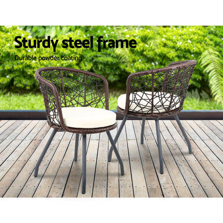 Gardeon 3PC Bistro Set Outdoor Furniture Rattan Table Chairs Patio Garden Cushion Brown - ElectronX Plus