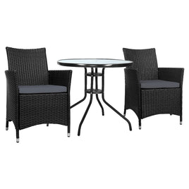 Gardeon 3PC Bistro Set Outdoor Furniture Rattan Table Chairs Cushion Patio Garden Idris - ElectronX Plus