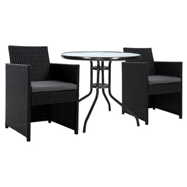 Gardeon 3PC Bistro Set Outdoor Furniture Rattan Table Chairs Cushion Patio Garden Hugo - ElectronX Plus