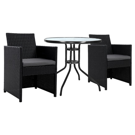 Gardeon 3PC Bistro Set Outdoor Furniture Rattan Table Chairs Cushion Patio Garden Hugo - ElectronX Plus