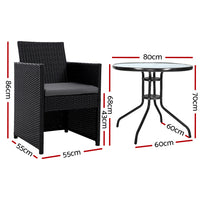 Gardeon 3PC Bistro Set Outdoor Furniture Rattan Table Chairs Cushion Patio Garden Hugo - ElectronX Plus