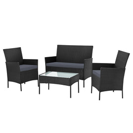 Gardeon 4 Seater Outdoor Sofa Set Wicker Setting Table Chair Furniture Black - ElectronX Plus