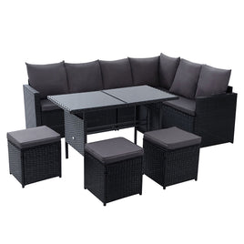 Gardeon Outdoor Furniture Dining Setting Sofa Set Lounge Wicker 9 Seater Black - ElectronX Plus