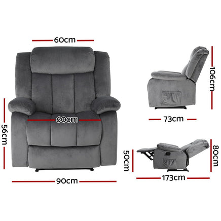 Artiss Recliner Chair Electric Massage Chair Velvet Lounge Sofa Heated Grey - ElectronX Plus