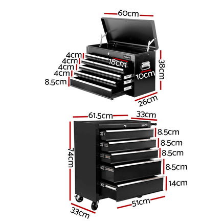 Giantz 14 Drawer Tool Box Cabinet Chest Mechanic Garage Storage Trolley Black - ElectronX Plus