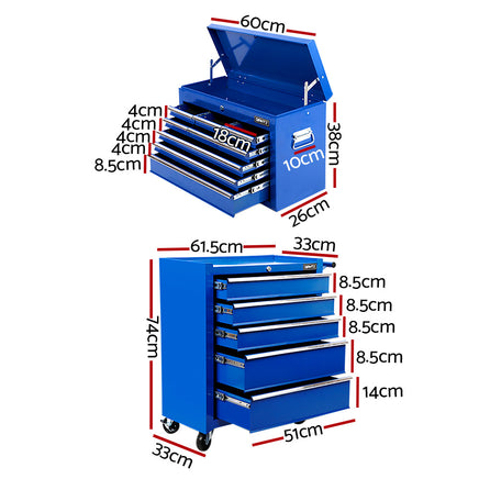 Giantz 14 Drawer Tool Box Cabinet Chest Mechanic Garage Storage Trolley Blue - ElectronX Plus