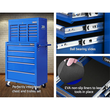 Giantz 14 Drawer Tool Box Cabinet Chest Mechanic Garage Storage Trolley Blue - ElectronX Plus