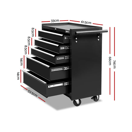 Giantz 5 Drawer Tool Box Cabinet Chest Trolley Box Garage Storage Toolbox Black - ElectronX Plus