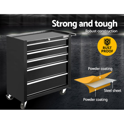 Giantz 5 Drawer Tool Box Cabinet Chest Trolley Box Garage Storage Toolbox Black - ElectronX Plus