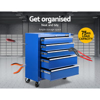 Giantz 5 Drawer Tool Box Cabinet Chest Trolley Box Garage Storage Toolbox Blue - ElectronX Plus