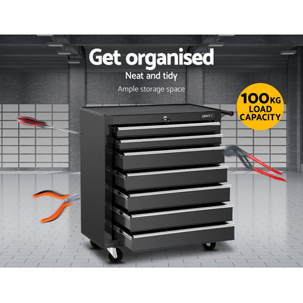 Giantz 7 Drawer Tool Box Cabinet Chest Trolley Storage Garage Toolbox Black - ElectronX Plus