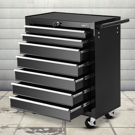 Giantz 7 Drawer Tool Box Cabinet Chest Trolley Storage Garage Toolbox Black - ElectronX Plus