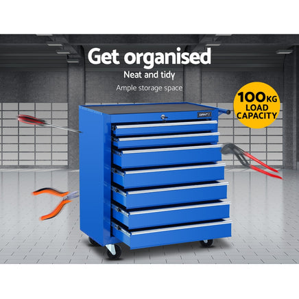 Giantz 7 Drawer Tool Box Cabinet Chest Trolley Storage Garage Toolbox Blue - ElectronX Plus