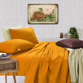 Elan Linen 100% Egyptian Cotton Vintage Washed 500TC Mustard Double Bed Sheets Set - ElectronX Plus