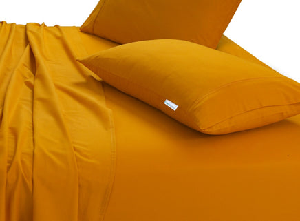 Elan Linen 100% Egyptian Cotton Vintage Washed 500TC Mustard Double Bed Sheets Set - ElectronX Plus