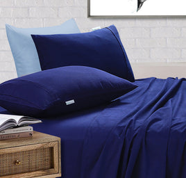 Elan Linen 100% Egyptian Cotton Vintage Washed 500TC Navy Blue Double Bed Sheets Set - ElectronX Plus