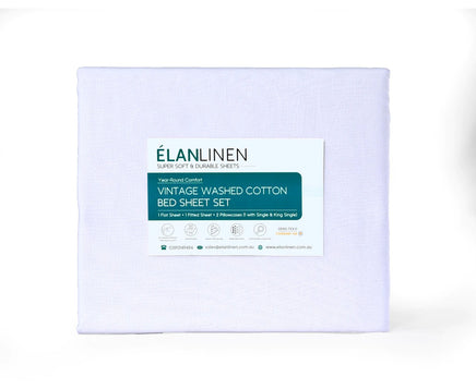 Elan Linen 100% Egyptian Cotton Vintage Washed 500TC White King Bed Sheets Set - ElectronX Plus